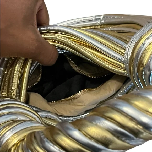 NEW Statement Metallic Gold and Silver Fringe Textured Handbag - Picture 5 of 7